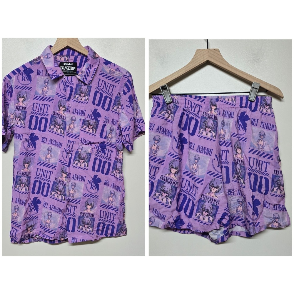 Evangelion Eva Unit-00 Purple Button-Down‎ Shirt Rei Ayanami Atsuko Swim Trunks
